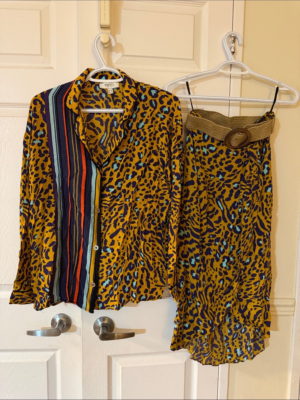 Peppermint Yellow Leopard Print Button-Up and Skirt Set with Multicolor Stripes